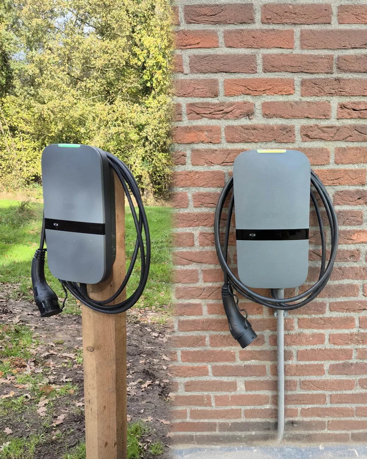 Peblar laadpaal geïnstalleerd aan paal en muur